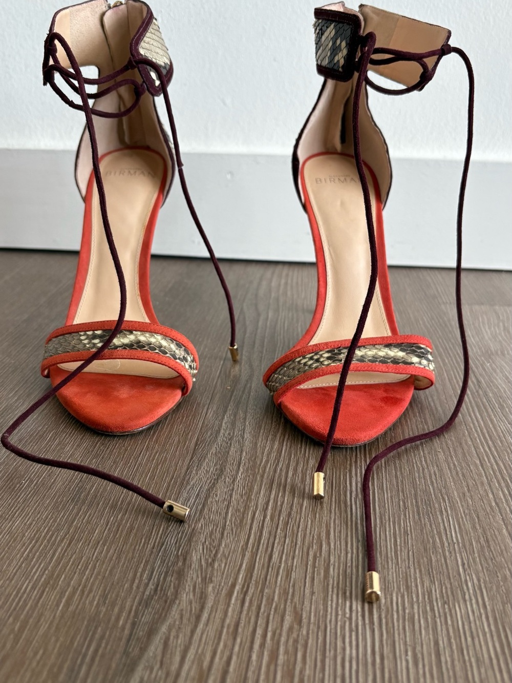 Alexandre Birman Orange Suede Ankle-Tie Heels with Snakeskin Strap